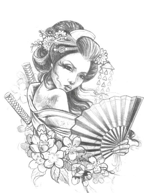 500x670 Coloring For Adults - Geisha Tattoo Drawing