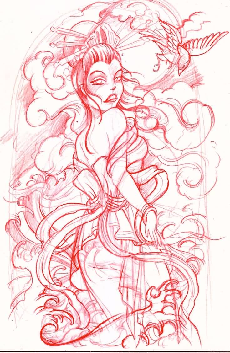 735x1125 geisha tattoo geisha tattoo sketch - Geisha Tattoo Drawing