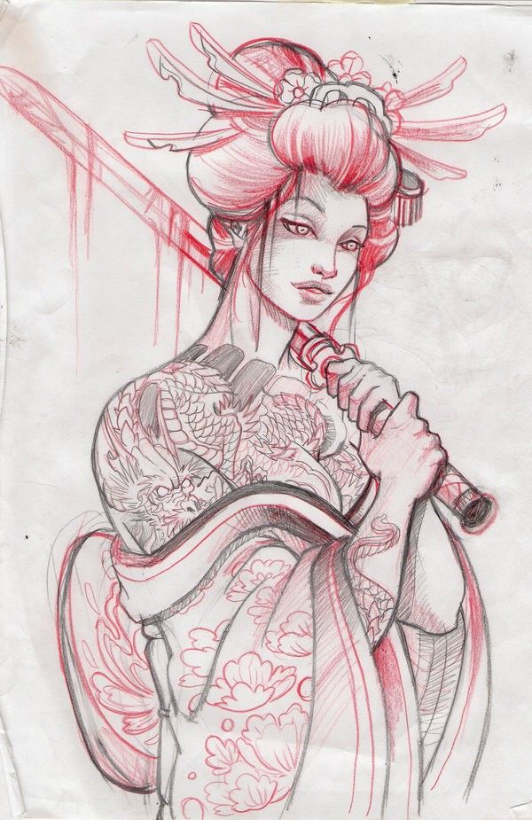 600x925 Japanese Geisha Tattoo Designs And Drawings With Images - Geisha Tattoo Drawing