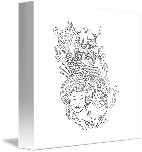 606x650 viking carp geisha head black and white drawing - Geisha Warrior Drawing