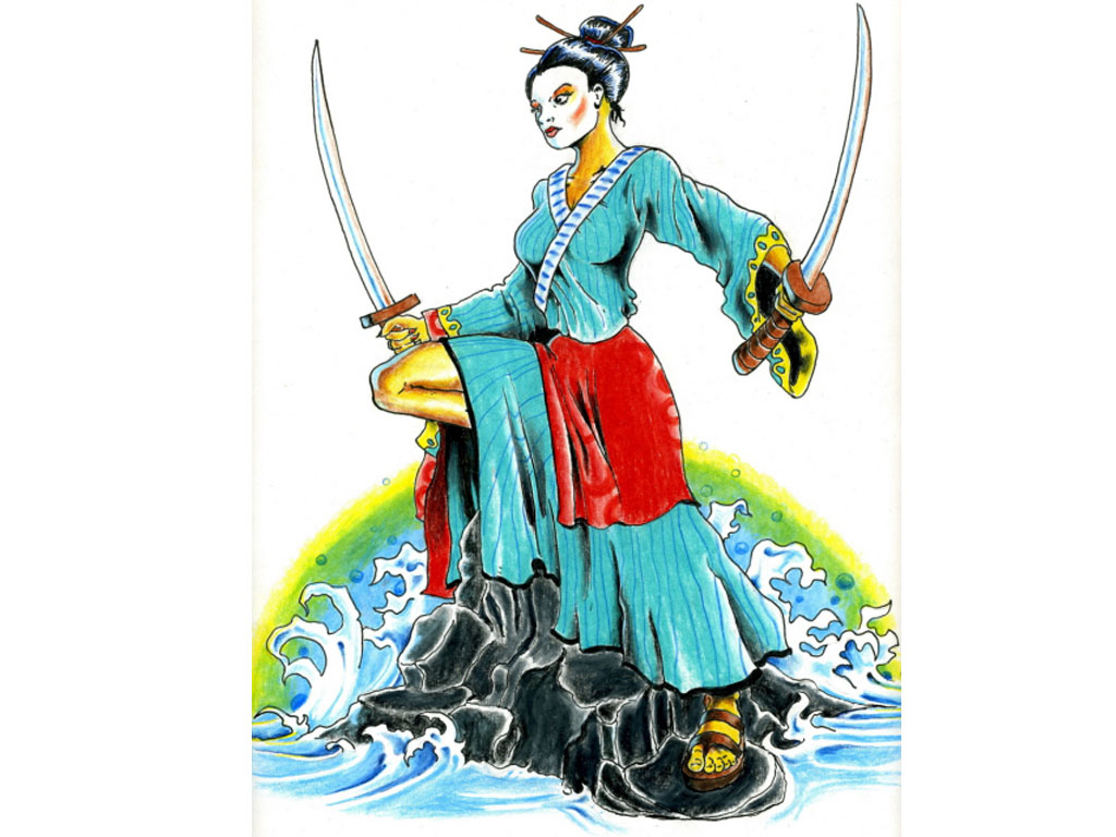 1024x768 Warrior Geisha Tattoo Design - Geisha Warrior Drawing