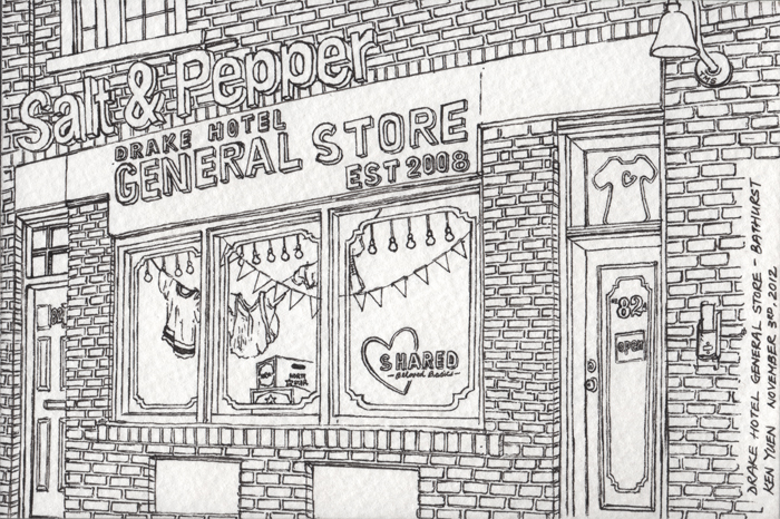 700x466 postcard drake hotel general store bathurst ink drawing - General Store Drawing