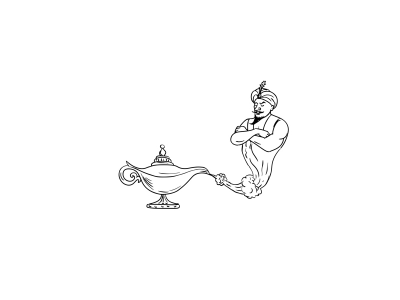 800x600 genie coming out of oil lamp black and white drawing - Genie Drawing