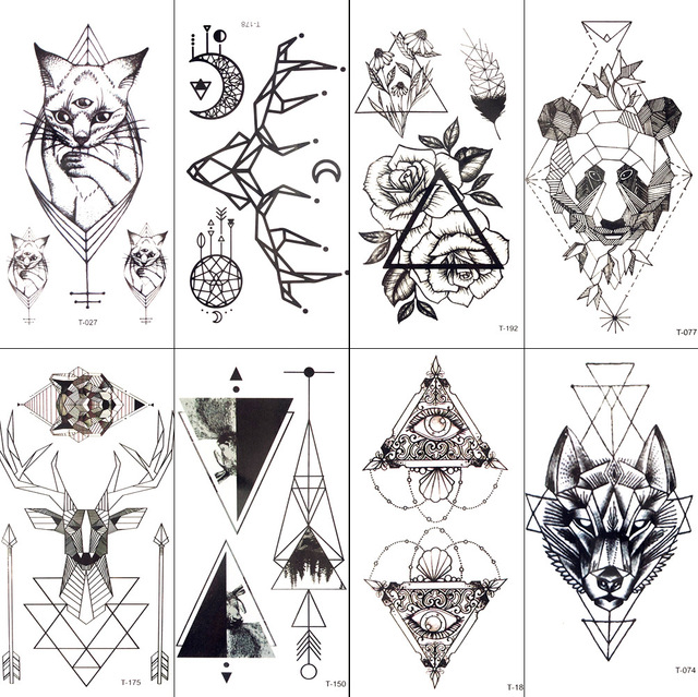 640x639 Black Geometric Cat Temporary Tattoo Moon Deer Rose Tattoo - Geometric Cat Drawing