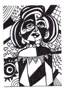 227x300 Abstract Woman Geometric Original Ink Drawing Face Jester Clown - Geometric Face Drawing
