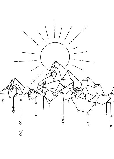 393x550 Geometric Mountain Sun Arrows Black And White Line Art - Geometric Line Drawing