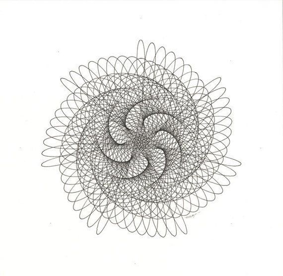 570x555 Spiral Pinwheel Abstract Original Ink Drawing Geometric Line Etsy - Geometric Line Drawing