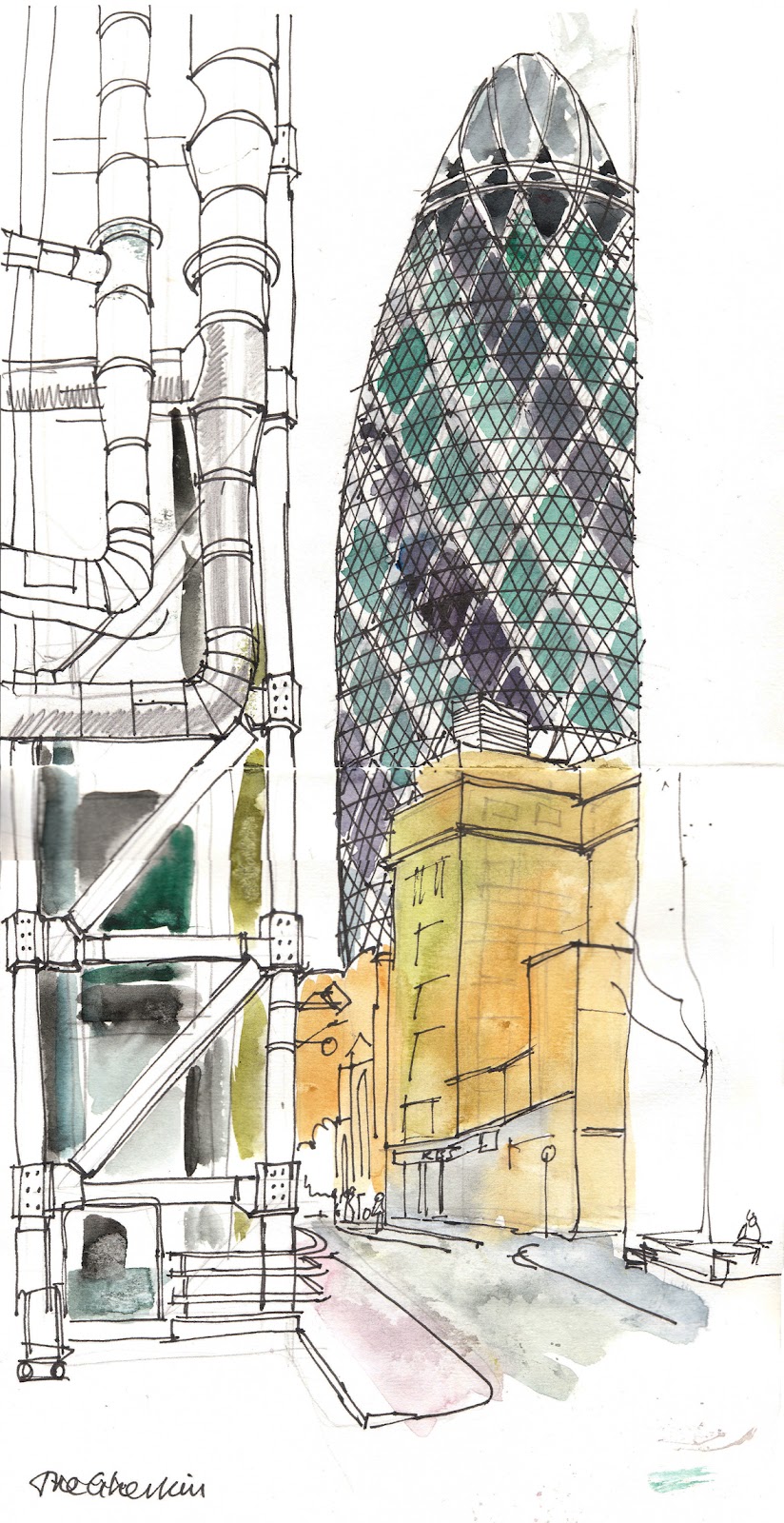824x1600 Lineandwash The Gherkin - Gherkin Drawing