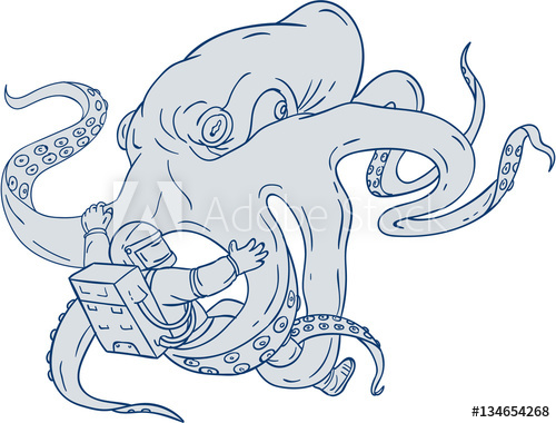 500x380 giant octopus fighting astronaut drawing - Giant Octopus Drawing