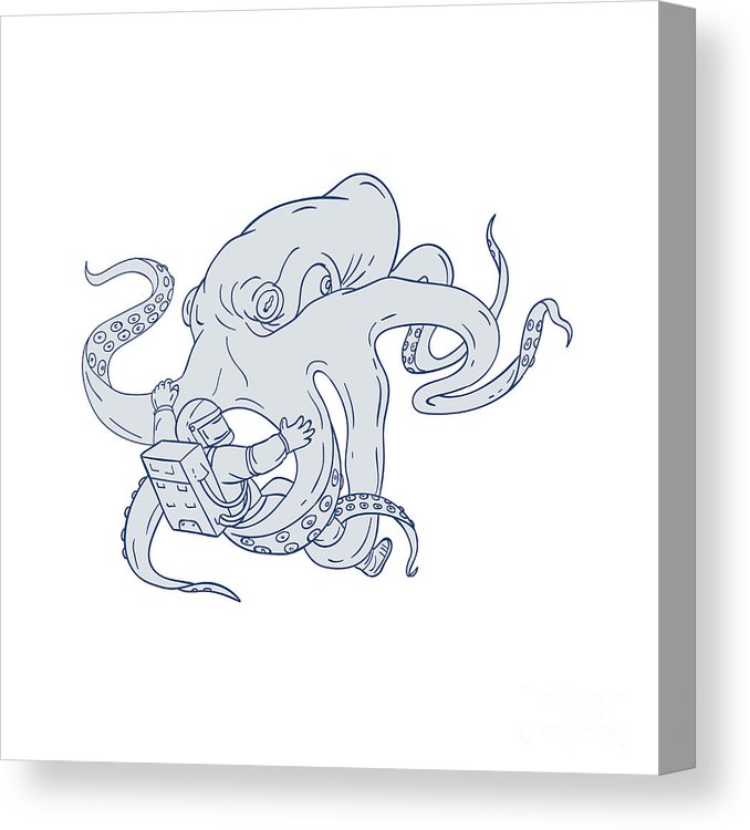 678x750 giant octopus fighting astronaut drawing canvas print canvas art - Giant Octopus Drawing