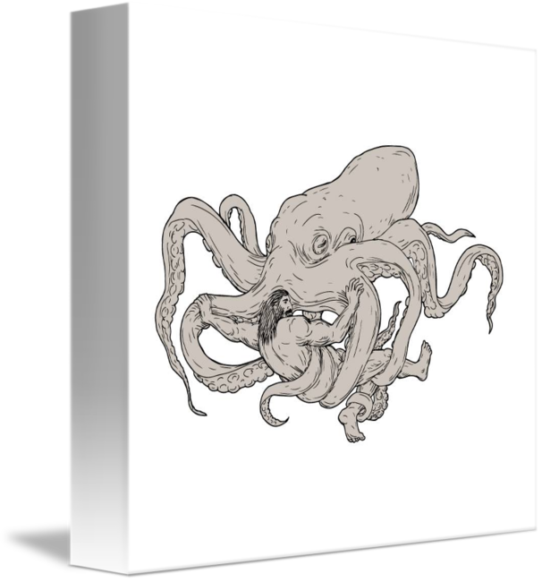 606x650 Hercules Fighting Giant Octopus Drawing - Giant Octopus Drawing