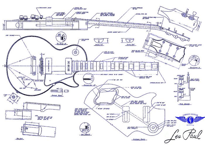 700x500 gibson les paul blueprint drawing greeting card for sale - Gibson Les Paul Drawing