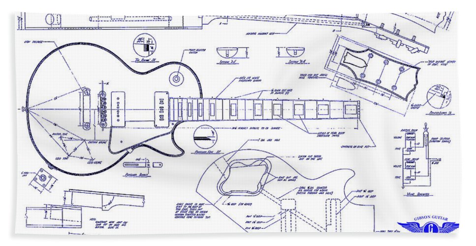 967x500 gibson les paul blueprint drawing hand towel for sale - Gibson Les Paul Drawing
