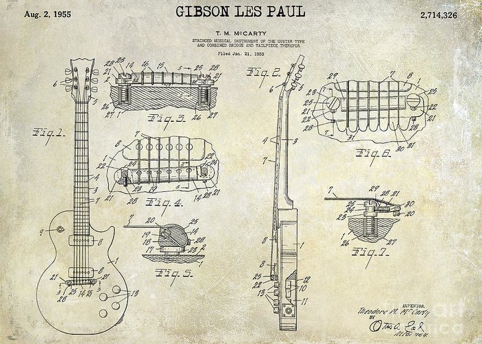 700x500 gibson les paul patent drawing greeting card for sale - Gibson Les Paul Drawing