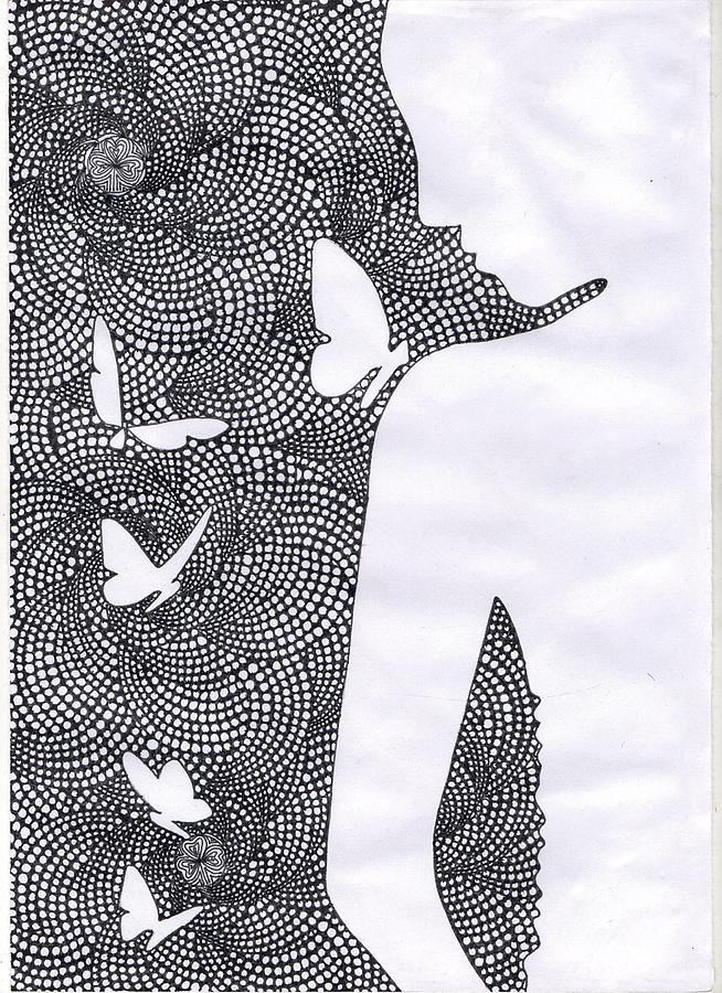 654x900 Thoughtful Lady Doodle Unique Wall Art Print Gift Drawing Butterfly - Gift Drawing