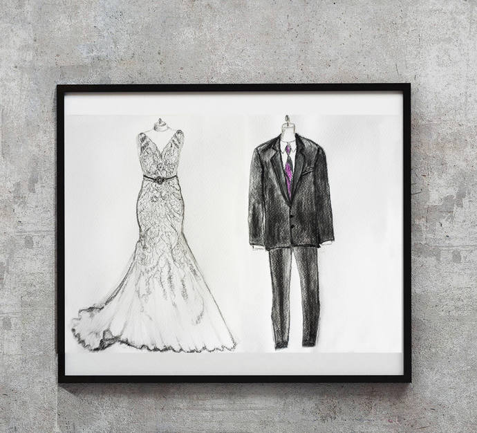 690x626 custom wedding dress sketch, anniversary paper - Gift Drawing