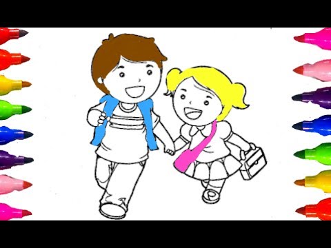 480x360 How To Draw Kids School Boy And Girls Learning Coloring Pages - Girl And Boy Drawing For Kids