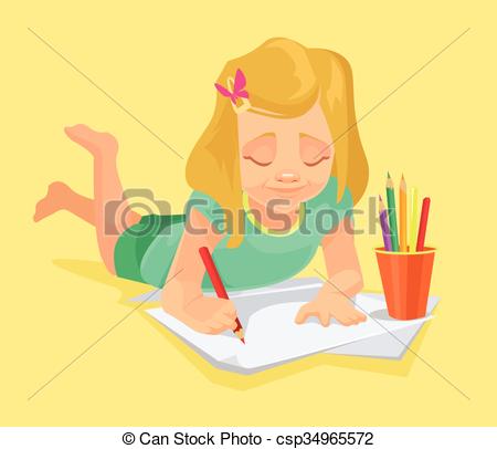 450x406 Little Girl Drawing Vector Flat Cartoon Illustration - Girl Drawing Clipart