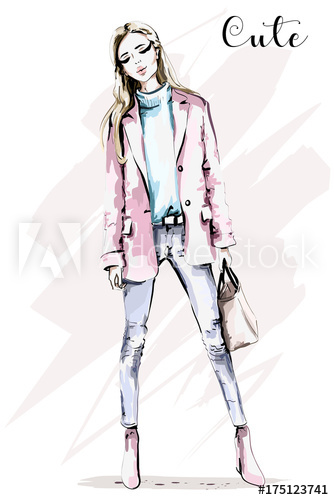 334x500 Hand Drawn Full Body Woman Portrait Beautiful Young Girl With Bag - Girl Drawing Full Body