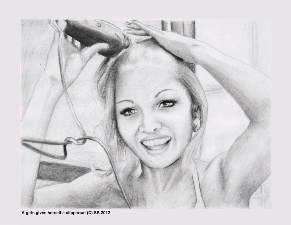 976x754 beautiful drawing of a woman clippering off her hair haircuttingfun - Girl Drawing Herself