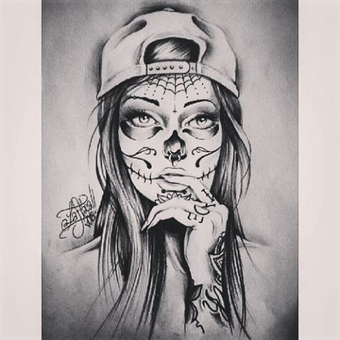 480x480 cute catrina drawing herself tattoo sketch skull girl - Girl Drawing Herself