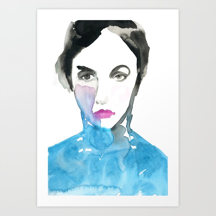 700x700 pink lipstick watercolor painting of woman in turquoise art print - Girl Drawing Watercolor