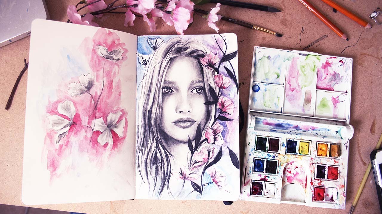 1280x720 portrait drawing with charcoal and watercolor, my art phases - Girl Drawing Watercolor