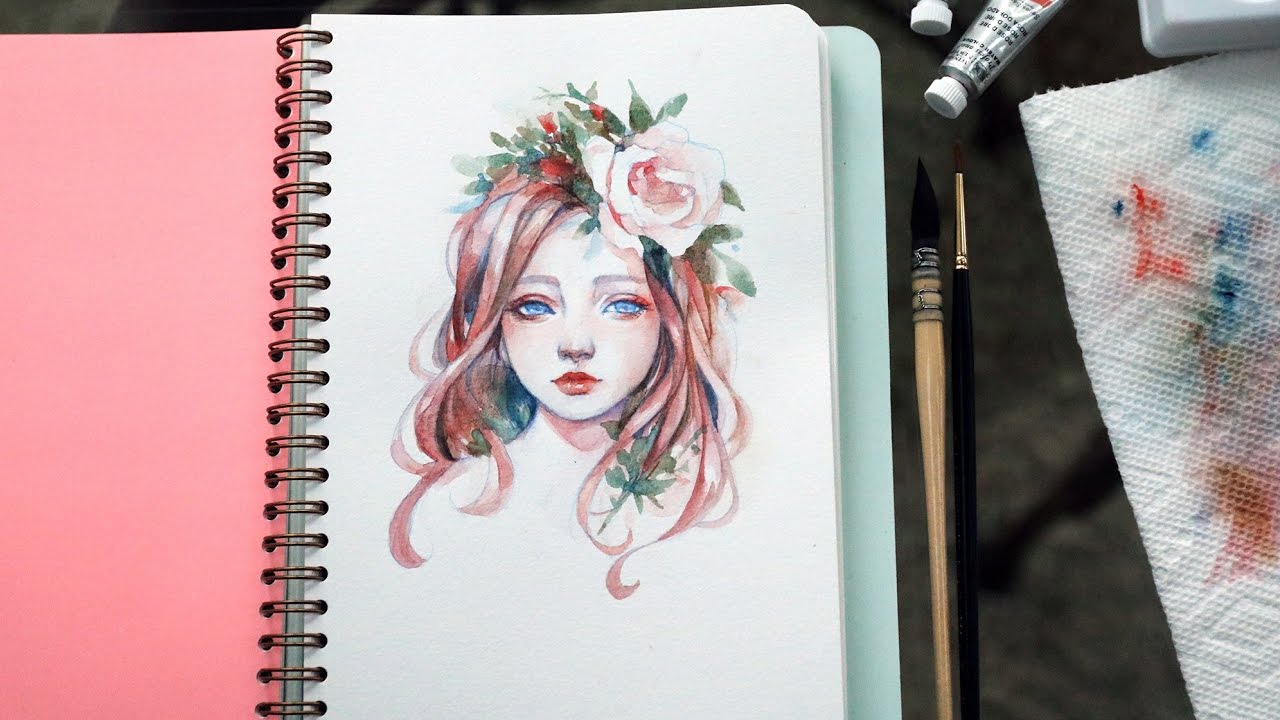 1280x720 Flower Girl Portrait Watercolor Timelapse - Girl Drawing Watercolor