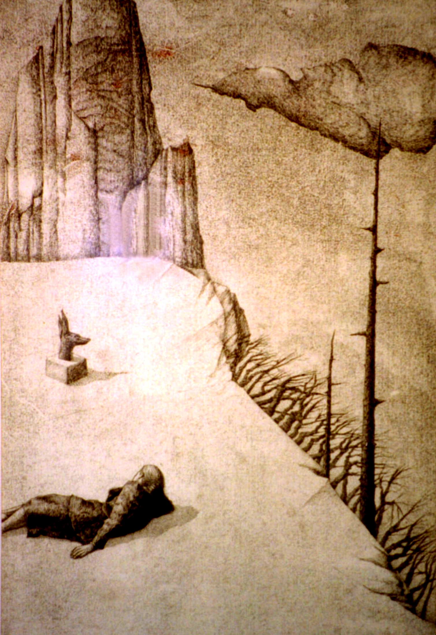 1509x2200 girl dreaming, ink drawing and painting - Girl Dreaming Drawing