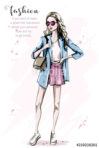 334x500 Hand Drawn Beautiful Young Woman With Bag Cute Stylish Girl Full - Girl Full Body Drawing