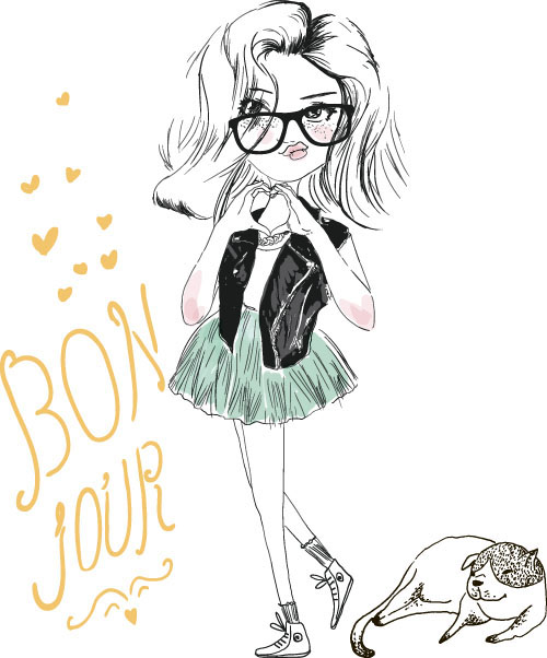 500x602 Fashion Girls Hand Drawn Illustration Vector Free Download - Girl Hand Drawing