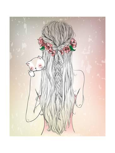 366x488 Hand Drawn Beautiful Cute Young Girl With Flower And With A Little - Girl Hand Drawing