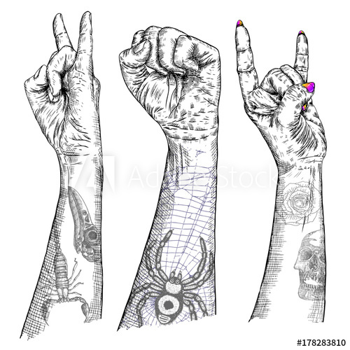 500x500 Set Of Rock And Roll Music Hand Sign Hand Drawn Girl And Guy - Girl Hand Drawing