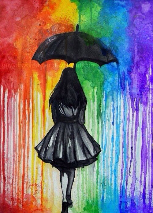 500x693 Girl Holding Umbrella Crayon Art Art Crayon Art, Crayon Art - Girl Holding Umbrella Drawing