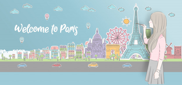 626x293 Beautiful Girl Drawing Paris, France Landmarks Vector Premium - Girl In Paris Drawing