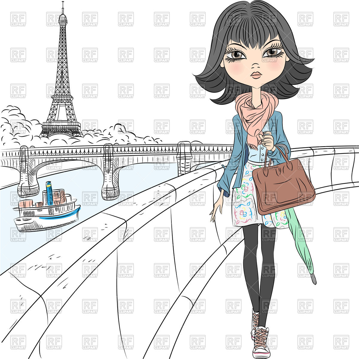 1200x1200 Cartoon Fashion Girl In A Scarf With An Umbrella Against Eru - Girl In Paris Drawing