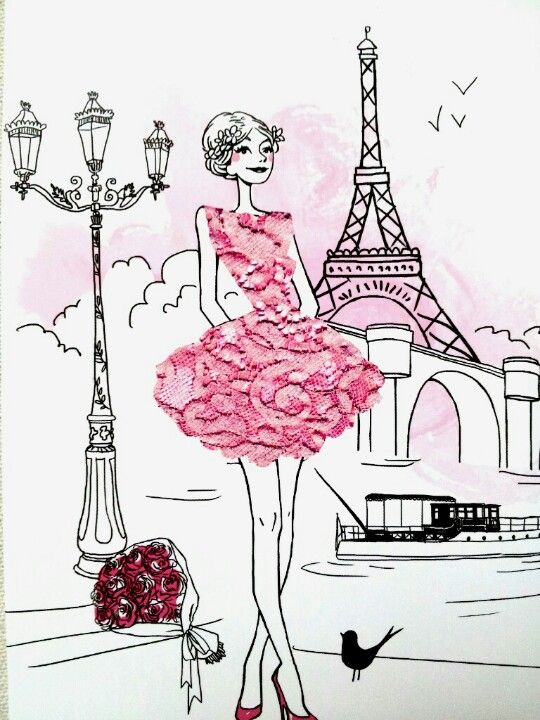 540x720 cute drawing, pink parisian girl art in paris - Girl In Paris Drawing