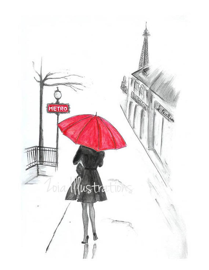 794x1027 Paris Rain Fashion Illustration Print Red Umbrella French Etsy - Girl In Paris Drawing