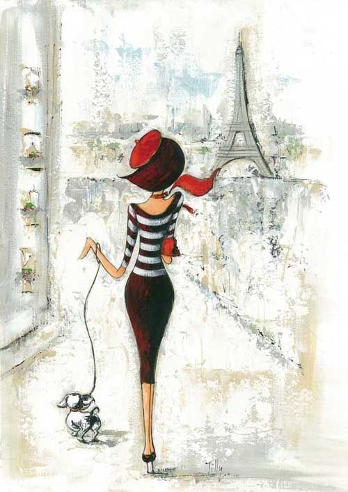 500x706 scenes drawings of dogs on leash walking in france paris - Girl In Paris Drawing