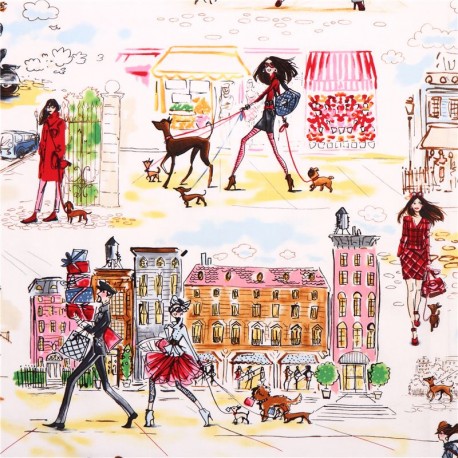 458x458 White Retro Fabric City Girl Paris With Dog - Girl In Paris Drawing
