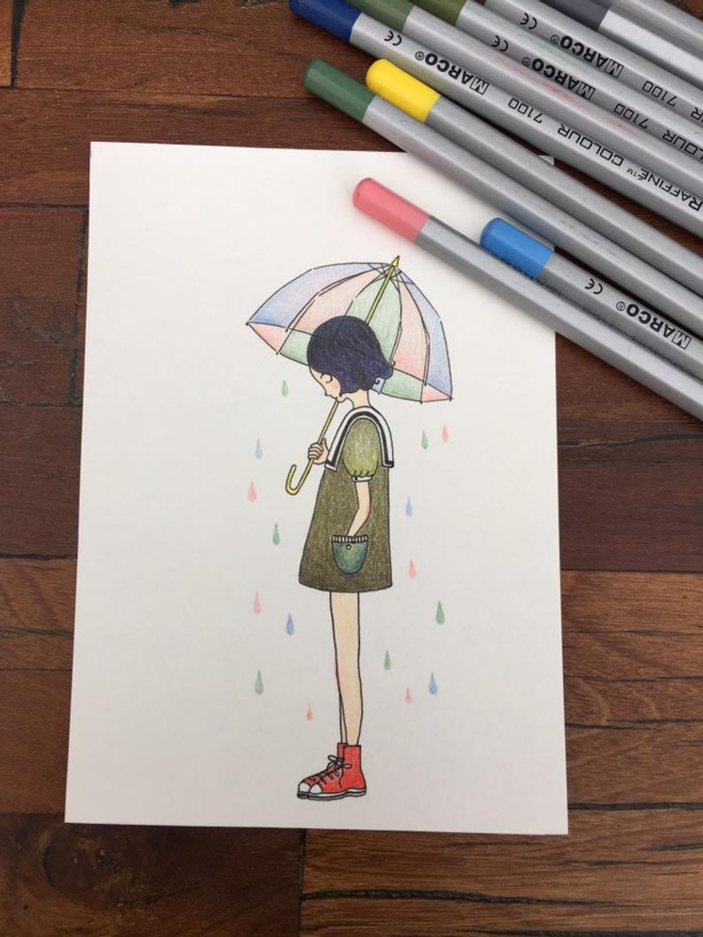 794x1059 Girl Drawing Rain Etsy - Girl In Rain Drawing