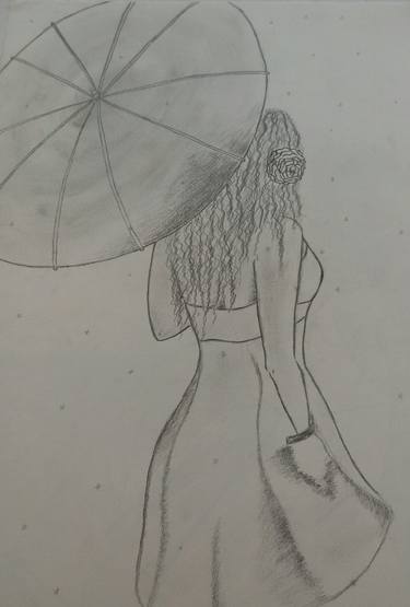 375x555 Girl Walking In The Rain Drawing - Girl In Rain Drawing