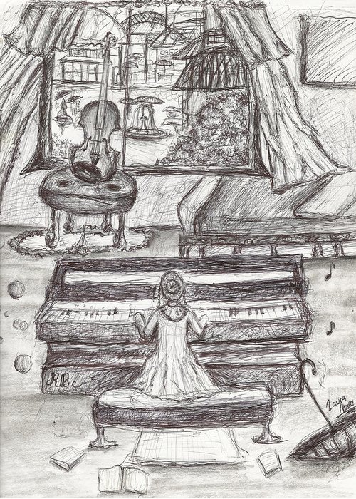 500x700 My Love For Rain Black White Girl Playing Piano Pen Drawing - Girl In Rain Drawing