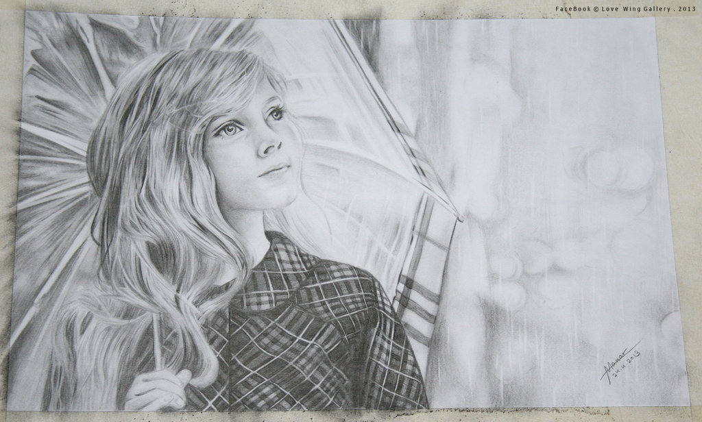 1024x616 Pencil Sketches Of Girl In Rain - Girl In Rain Drawing