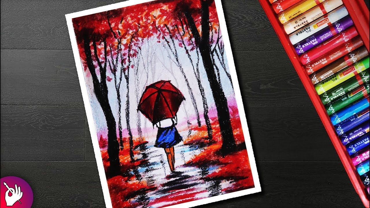 1280x720 Rainy Season Scenery Drawing For Beginners With Oil Pastel - Girl In Rain Drawing