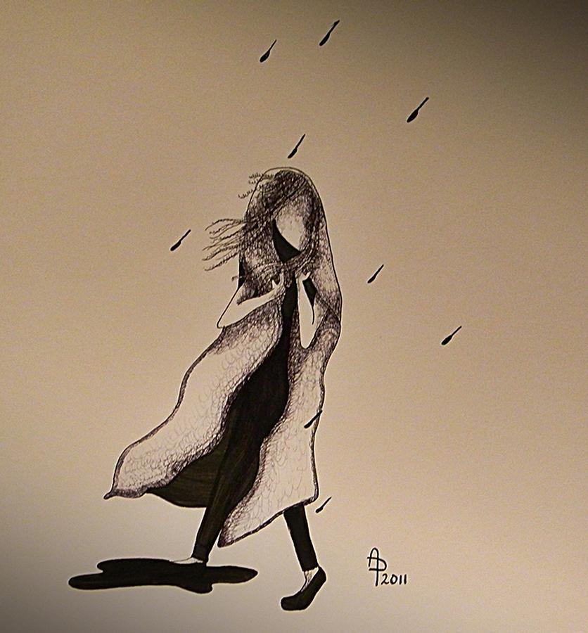 836x900 Walking In The Rain Drawing - Girl In Rain Drawing