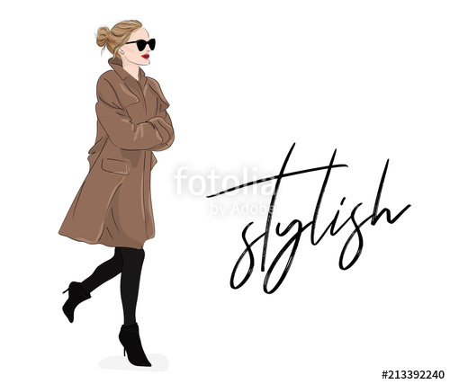 500x427 Vector Fashion Illustration Girl In Beige Coat And Sunglasses - Girl Model Drawing
