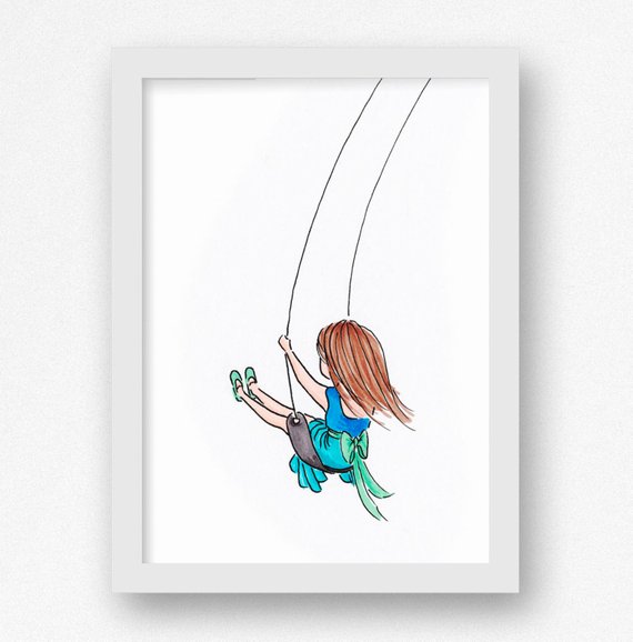 570x578 girl swinging on swing cute girl drawing for girl's room etsy - Girl On Swing Drawing