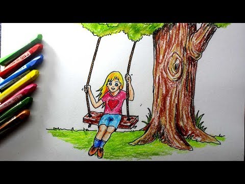 480x360 How To Draw Scenery A Beautiful Girl Swing And Play On Tree - Girl On Swing Drawing