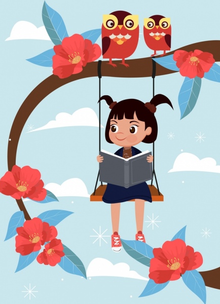 434x600 Childhood Drawing Cute Girl Swing Owls Icons Free Vector In Adobe - Girl On Swing Drawing